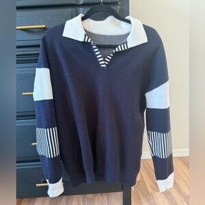 Navy and white striped rugby shirt, women’s size S, oversized slouchy fit